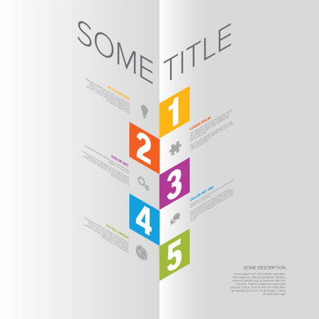 This is a colorful infographic featuring five numbered sections with icons and text. Each section is uniquely colored, showcasing information in a sequence from one to five.のイラスト素材
