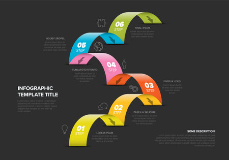 Dark infographic image displays a six-step process with vibrant, overlapping jumps, each step numbered and color-coded. It includes placeholder text and icons for visual enhancement.のイラスト素材