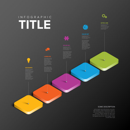 A 3D dark infographic features five colorful, elevated squares with detailed descriptions. This infochart template design emphasizes vibrant colors and structured information layout effectively.のイラスト素材