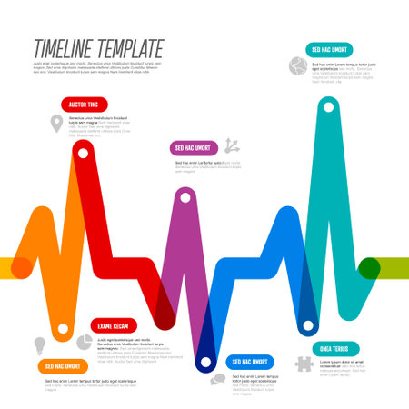 This graphic showcases a colorful timeline template with a wave-like design. It features multiple sections marked by colored points for organizing information visually and creatively.のイラスト素材