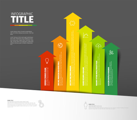 A vibrant infographic featuring multicolored upward arrows representing growth metrics. Each arrow includes icons and text detailing categorized data in an appealing design.のイラスト素材