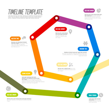 A vibrant polygonal timeline template with multicolored sections and placeholders for text. The infographic features colorful lines, icons, and text areas for organizing information.のイラスト素材