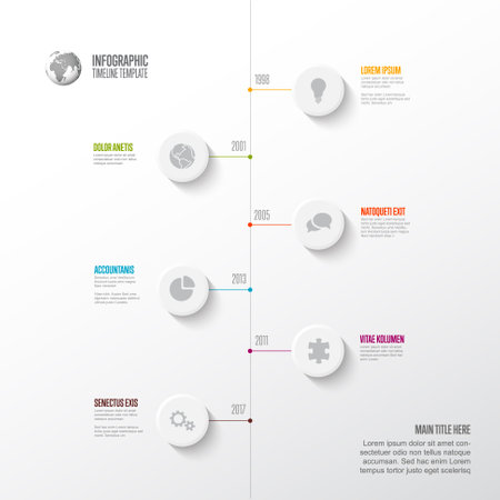A modern, minimalist infographic timeline with circular icons and milestone years. The timeline features colored labels, text descriptions, and a clean white background.のイラスト素材