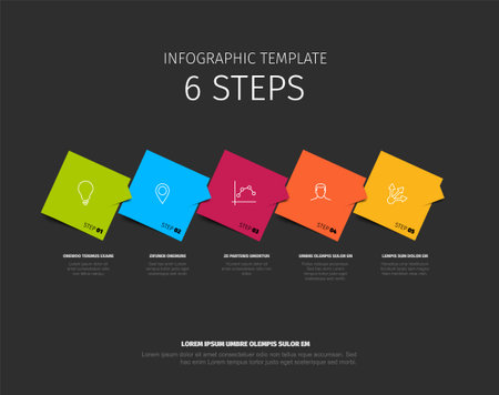 Dark infographic template features six colorful steps with icons and descriptions. Ideal for representing processes or workflows, each step is uniquely colored and labeled.のイラスト素材
