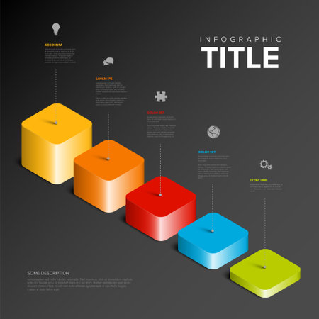 3D business infographic features gradient cubes with text, icons, and lines on a dark background. The layout highlights steps with titled sections and visual elements for presentations.のイラスト素材