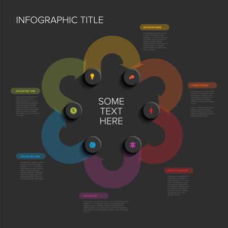 A vibrant circular dark infographic with six segments, each featuring an icon and descriptive text. The design uses bright colors and placeholders for customizable content.のイラスト素材