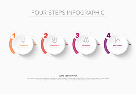 Minimal four-step infographic with rounded elements and icons on a white background. Each step is color-coded with labels and icons to represent a simple yet sleek visual structure.のイラスト素材