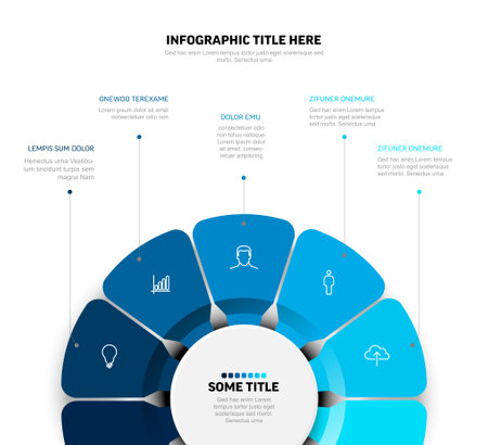 A modern circular infographic featuring six segments with icons and text placeholders. The design highlights a clean, professional look ideal for data visualization or presentations.のイラスト素材