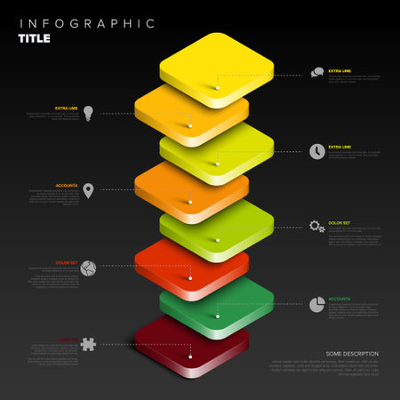 A vibrant 3D infographic features stacked colored green and red layers with descriptive text and icons. The design is visually appealing and ideal for showcasing hierarchical or process dataのイラスト素材