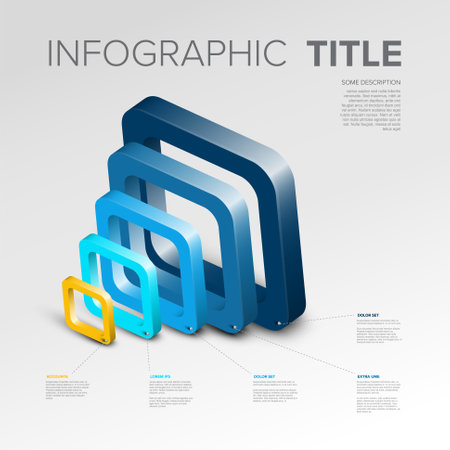 A modern infographic featuring 3D gradient squares in varying sizes and colors. The design highlights data visualization elements with annotations for descriptive content.のイラスト素材