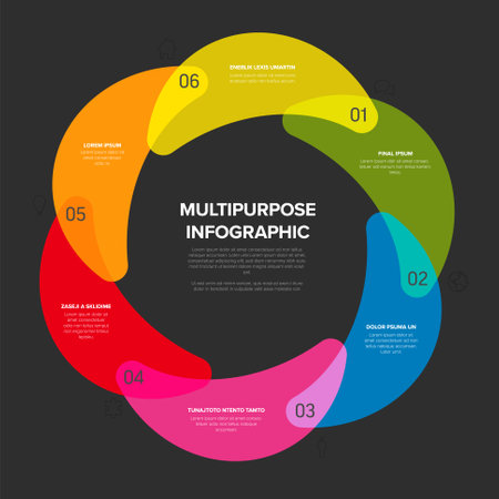 This vibrant circular infographic features six sections in different colors for diverse data presentation. The design is multipurpose, ideal for business, marketing, and data visualization.のイラスト素材