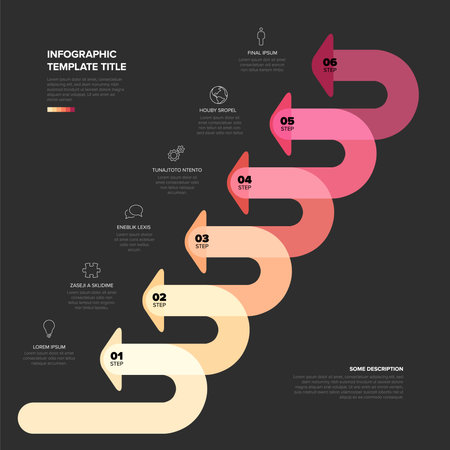 Infographic template with six comprehensive process steps on a dark background, for business presentations. Detailed process steps with gradient arrows, offering clear visual for infographic templateのイラスト素材
