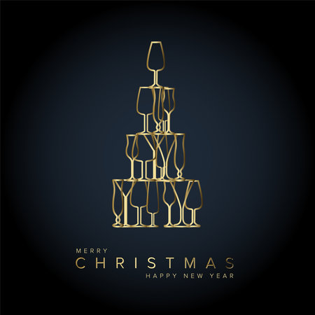 An elegant holiday card design featuring a Christmas tree made from gold outlined glasses against a dark background, perfect for festive celebration greetings. Showcases a unique Christmas tree designのイラスト素材