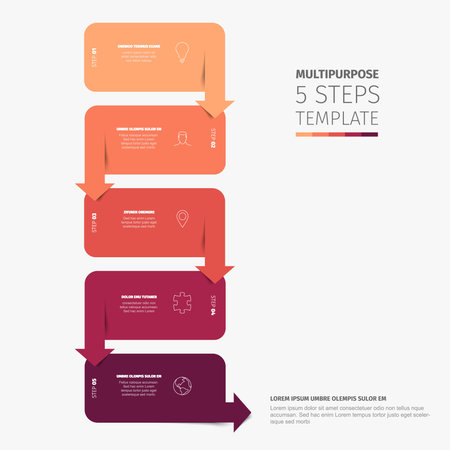 An essential infographic template illustrating a 5 steps process, perfect for presentations and flowcharts. This clear 5 steps infographic template uses a vertical design with arrows and icons.のイラスト素材