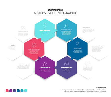 6-steps cycle infographic template is presented with a clean design. This hexagonal cycle infographic provides six distinct steps for various presentations, perfect for displaying a 6-step cycle.のイラスト素材