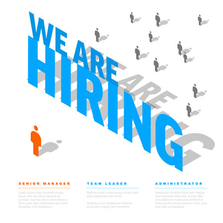 An engaging isometric illustration with prominent "WE ARE HIRING" text, symbolizing job openings and recruitment. Job searching and hiring process, highlighting opportunities for job seekers.のイラスト素材