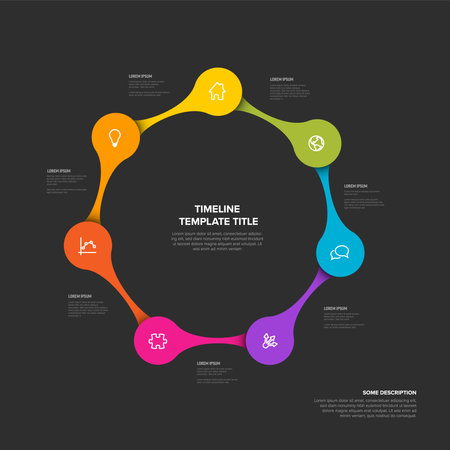 Dark, minimalist timeline infographic template features circular design with colorful, interconnected elements. This timeline is perfect for presenting information and data in a clear and modern way.のイラスト素材