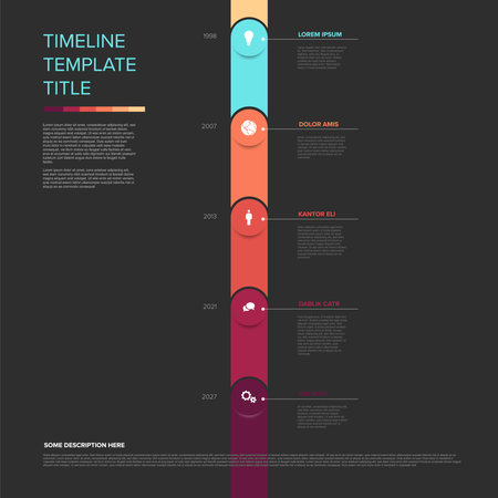 A modern and colorful vertical timeline template on a dark background, featuring various events and icons. This vibrant timeline template is perfect for presenting historical data or project progress.のイラスト素材