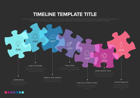 Timeline infographic, perfect for presenting key milestones and historical data. This visually engaging puzzle piece timeline template effectively showcases important events and progress over time.のイラスト素材