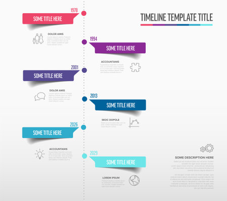 Vertical timeline infographic template with colorful elements on a light background. This timeline infographic template is ideal for showcasing historical events or project milestones.のイラスト素材