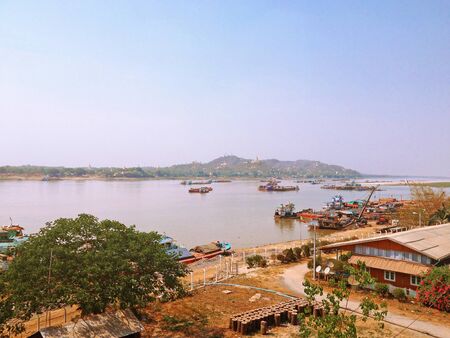 Landscape view from Tadar Road Bridge Sagaing Irrawaddy River approaching Mandalay, Myanmarのeditorial素材