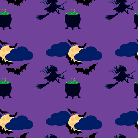 Witch and moon seamless pattern. Illustration of the witch on a broom, cauldron with a potion, flying bats in the sky, full moon in clouds.のイラスト素材
