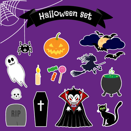 Halloween stickers set. Vector illustration of collection different halloween elements and characters, isolated on a background.のイラスト素材