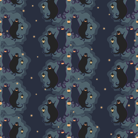 Ghosts party seamless pattern 1. Vector illustration of two dancing funny ghosts with small lanterns in hands.のイラスト素材