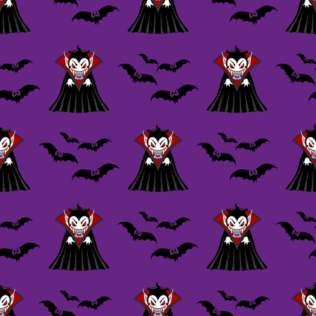 Vampire seamless pattern. Vampire man cartoon character in a predatory pose with flying batsのイラスト素材