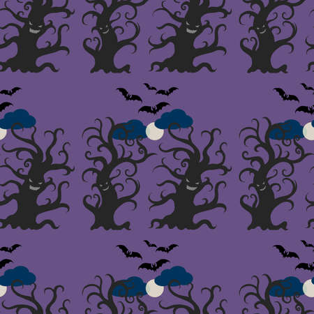 Night dark trees seamless pattern. Dancing and smiling fantasy trees with full moon and flying bats. Halloween seamless pattern.のイラスト素材