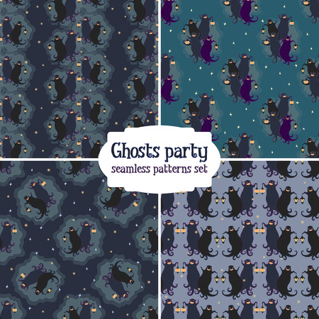 Ghosts party seamless patterns set. Vector illustration of two dancing funny ghosts with small lanterns in hands.のイラスト素材