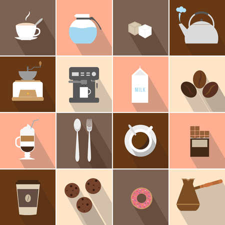 Flat design coffee icons set. Flat illustrations of icons on coffee subjects. Preparation of coffee. Having a snackのイラスト素材