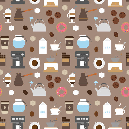 Coffee flat icons seamless pattern. Flat icons illustrations of making coffee. Coffee delicacy. Coffee break icons set.のイラスト素材