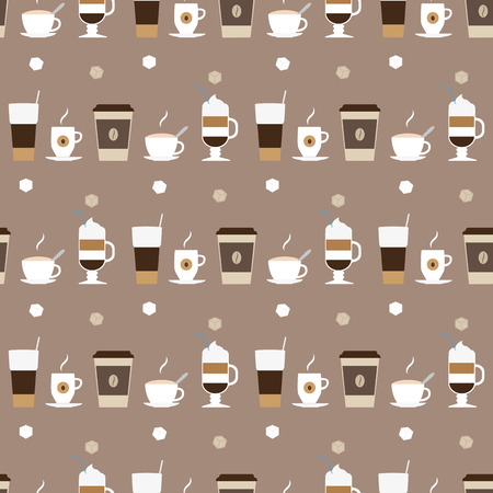 Coffee cups icons seamless pattern. Illustration of cappuccino, irish coffee in a glass, coffee in a paper cup, macchiato, latte in a tall glass.のイラスト素材