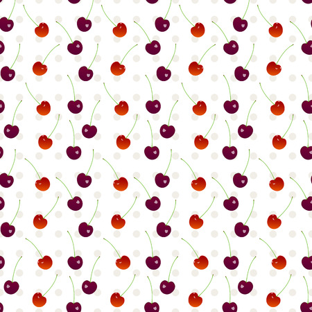 Cherry seamless pattern 3. Sweet cherry and cherry on a white polka dot background in seamless patternのイラスト素材