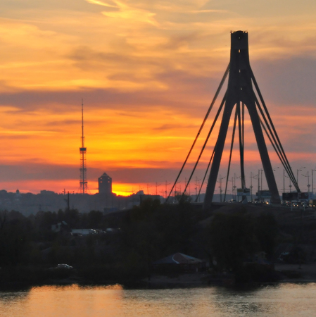 Orange and purple sunset in the city of Kievの写真素材