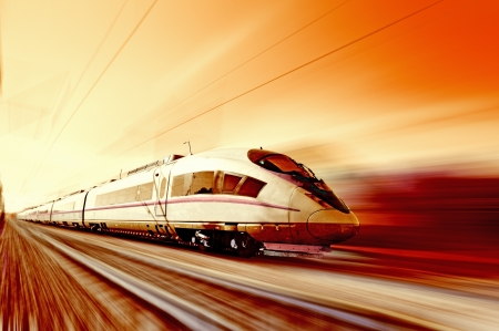 High-speed train in motion  The red tones  Sunset のeditorial素材
