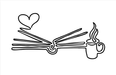 Abstract book with hot mug of tea (coffee), one line drawing. Love for reading and books. Logo. Vector illustrationのイラスト素材