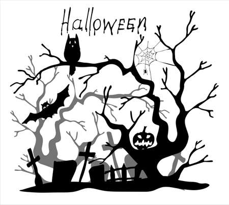 Silhouette of an old tree and cemetry. Halloween. Vector illustrationのイラスト素材