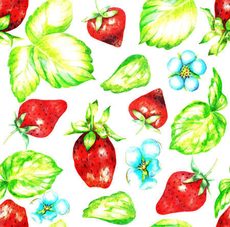 Strawberries and leaves on a white beckground. Seamless. Watercolor. Illustration.の写真素材