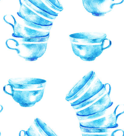 A stack of porcelain cups. Seamless pattern. Watercolor illustrationの写真素材