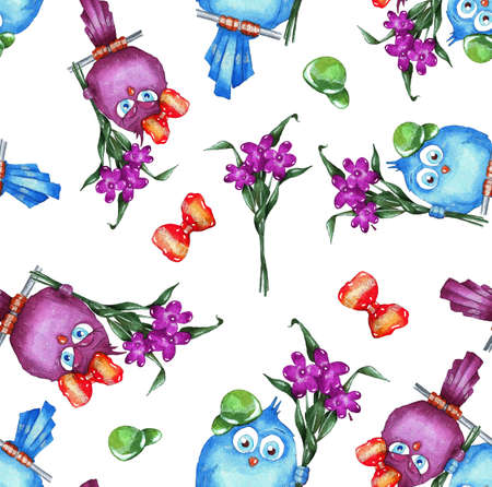 Birds on a branch with a bouquet on a white background. Congratulation. Seamless pattern. Watercolor illustrationの写真素材