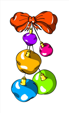 Several multi-colored balls for the Christmas tree on a string with a bow. For new year or christmas. Vector illustrationのイラスト素材