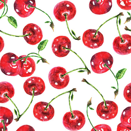 Seamless pattern with cherries on a white background. Watercolor illustrationの写真素材
