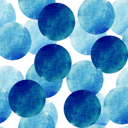 Seamless blue watercolor pattern with polka dots on a white background