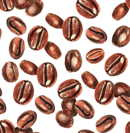 Hand drawn watercolor coffee seamless background. Isolated on white backgroundの写真素材