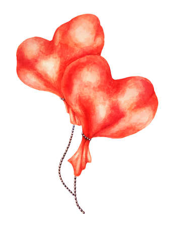 Two balloons in the form of hearts for Valentine's day or wedding. Watercolor illustrationの写真素材