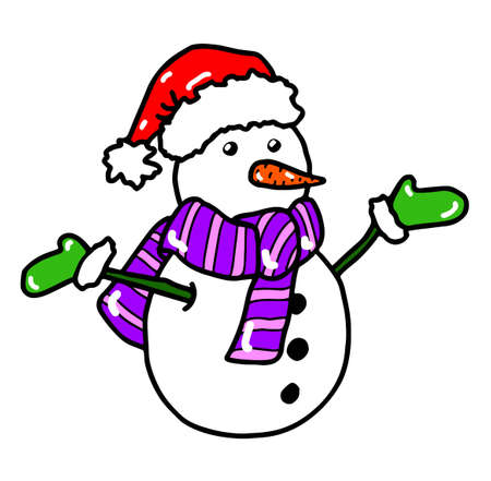 Snowman with a scarf and mittens on a white background. Vector illustrationのイラスト素材