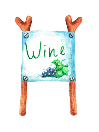 Signboard on wooden posts. Wine inscription. Bunch of grapes on a white background. Watercolor illustrationの写真素材