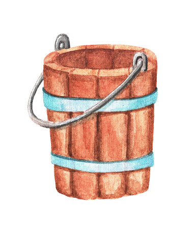 Wooden bucket on a white background. Watercolor illustrationの写真素材